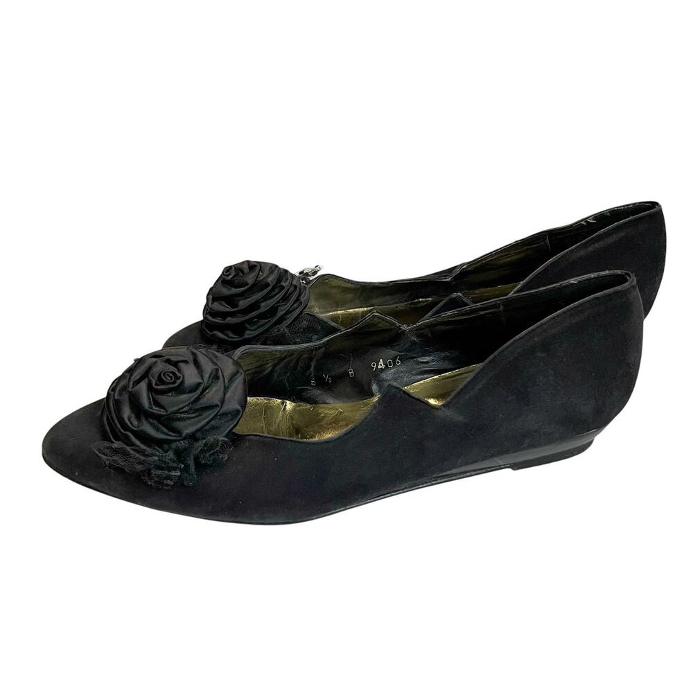 80s VTG Beverly Feldman 3D Rosette Suede Flats 8.5M Black Pointy Toe Wavy Glam